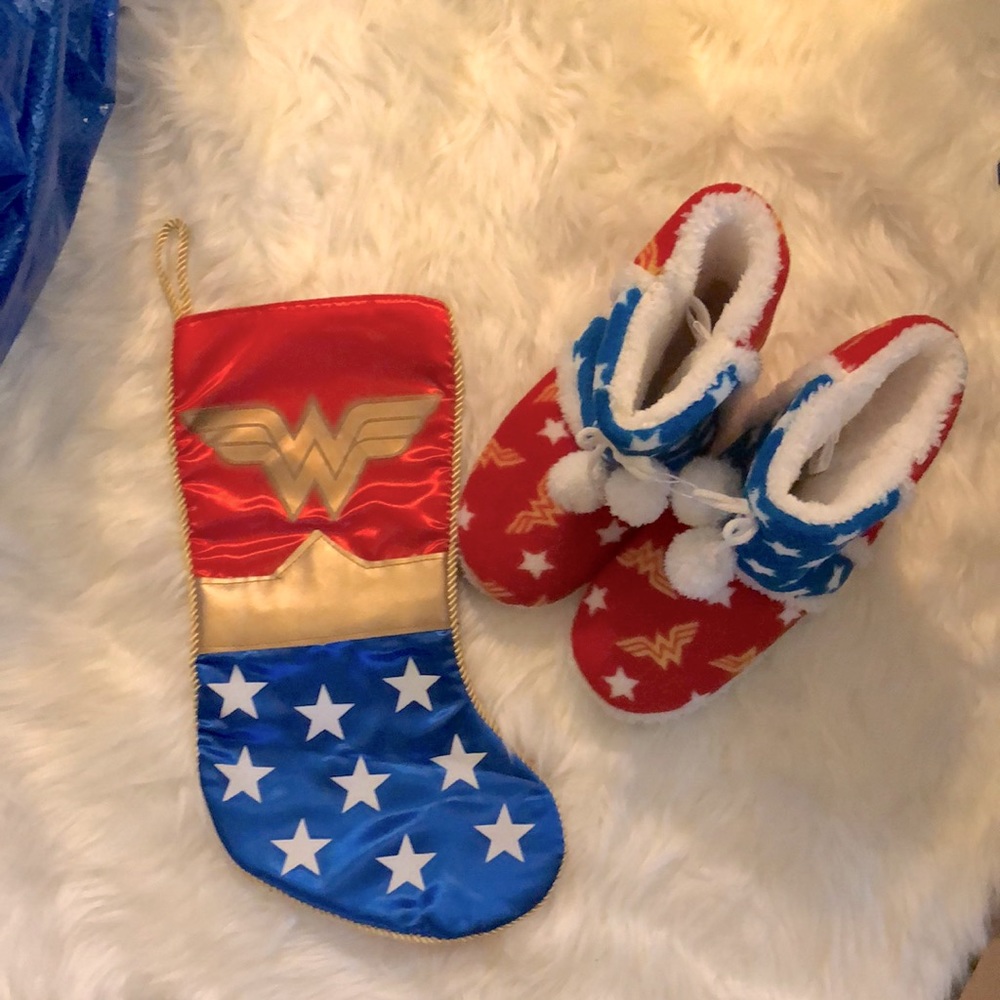 Wonder Woman slippers and Christmas stocking.